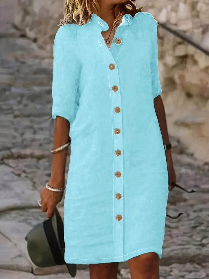 "Elegante midi jurk met knoopsluiting in effen kleur van comfortabele polyester mix, voor casual en semi-formele gelegenheden