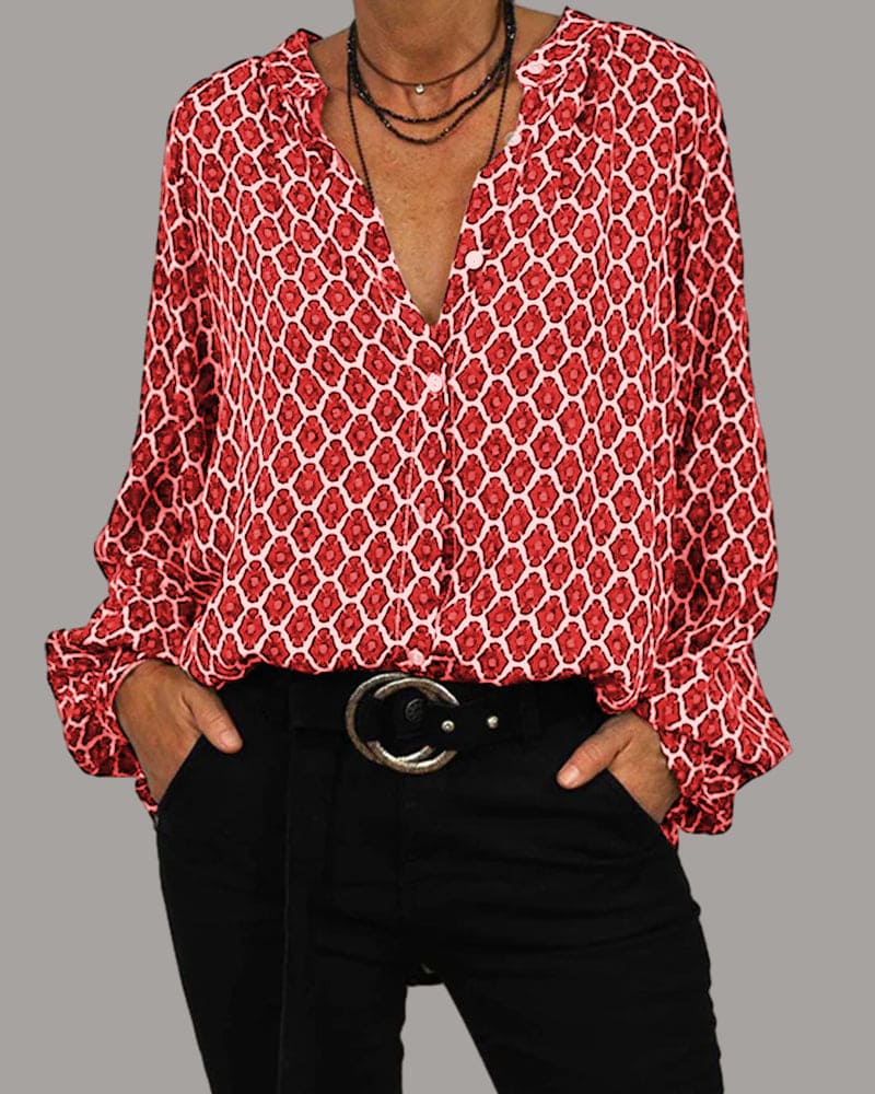 "Elegante Mireille blouse dames met V-hals en geometrisch patroon, lange mouwen, ideaal voor elke stijl en gelegenheid."