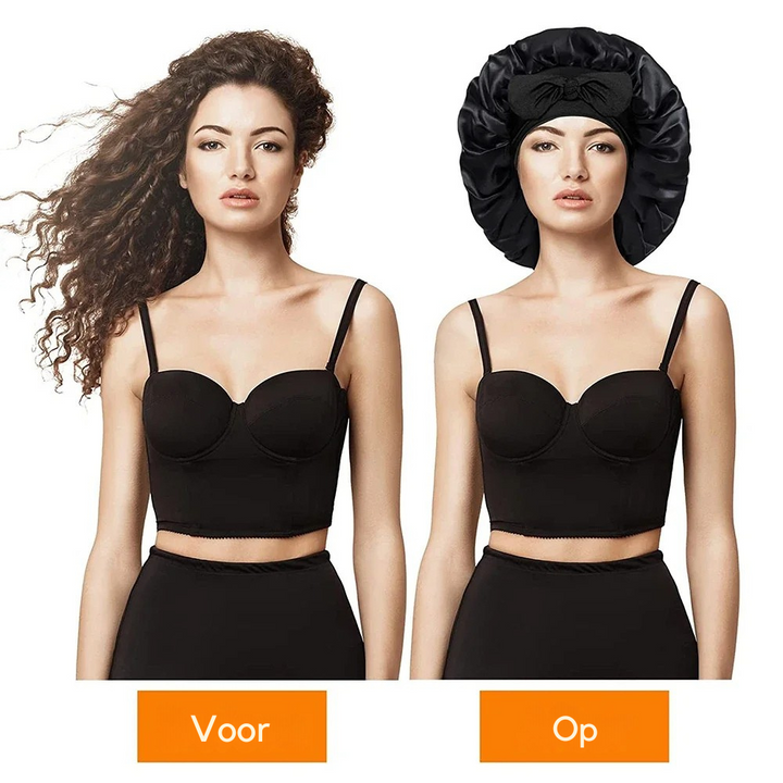 "Elegante moerbeizijden slaapmuts voor vrouwen met verstelbare band, close-up op luxe materiaal en satijnen afwerking."