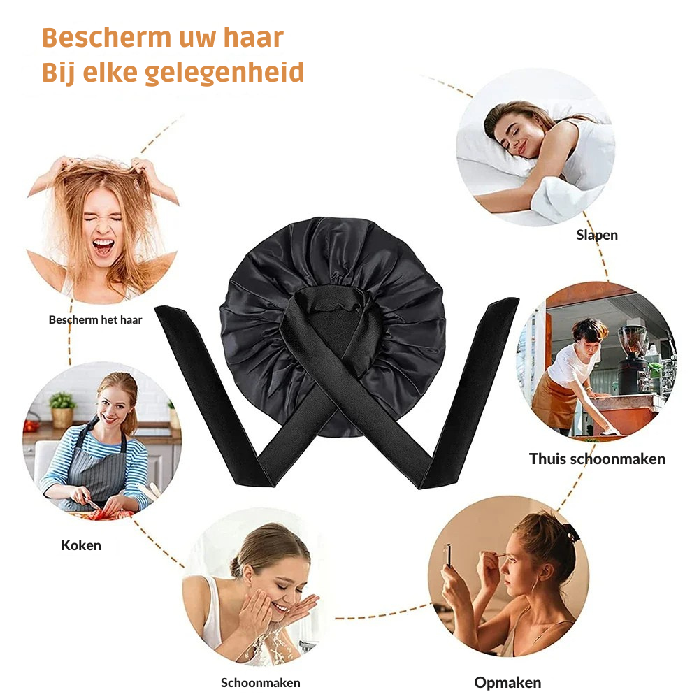 "Elegante moerbeizijden slaapmuts voor vrouwen met verstelbare band, close-up op luxe materiaal en satijnen afwerking."