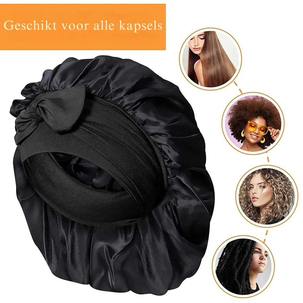 "Elegante moerbeizijden slaapmuts voor vrouwen met verstelbare band, close-up op luxe materiaal en satijnen afwerking."