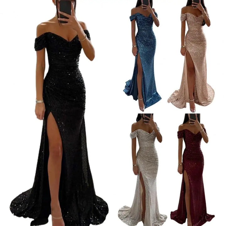 Elegante off-shoulder avondjurk met V-hals, maxi-lengte, verkrijgbaar in blauw, champagne, rood, zilver en zwart.