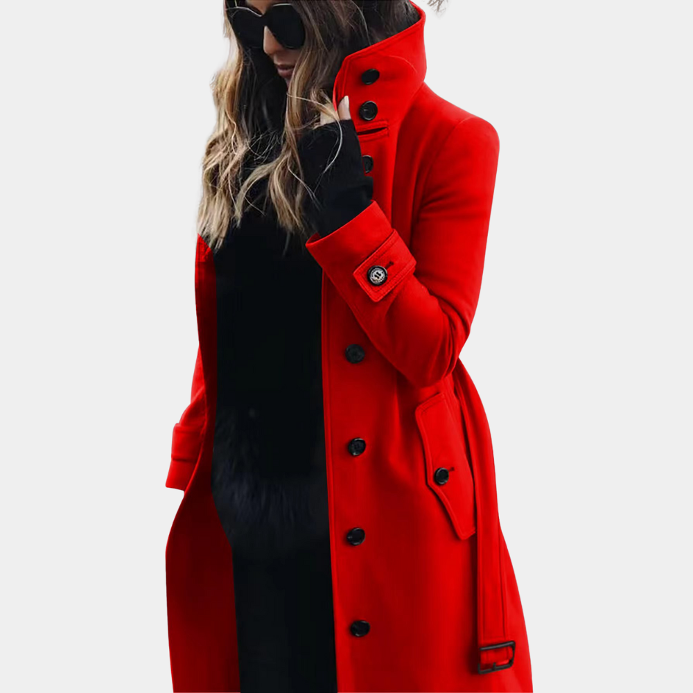 Elegante trenchcoat voor dames met hoge kraag, knoopsluiting en tijdloos design, perfect voor herfst- en wintermode.