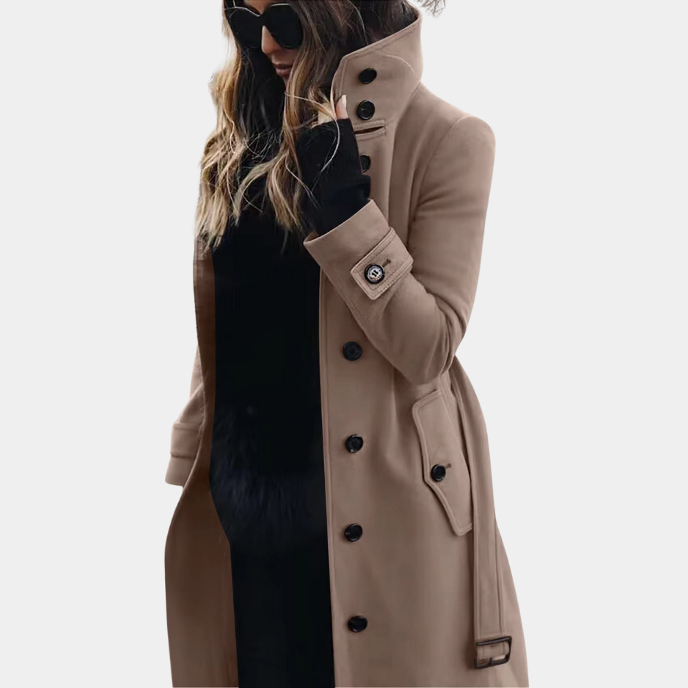 Elegante trenchcoat voor dames met hoge kraag, knoopsluiting en tijdloos design, perfect voor herfst- en wintermode.