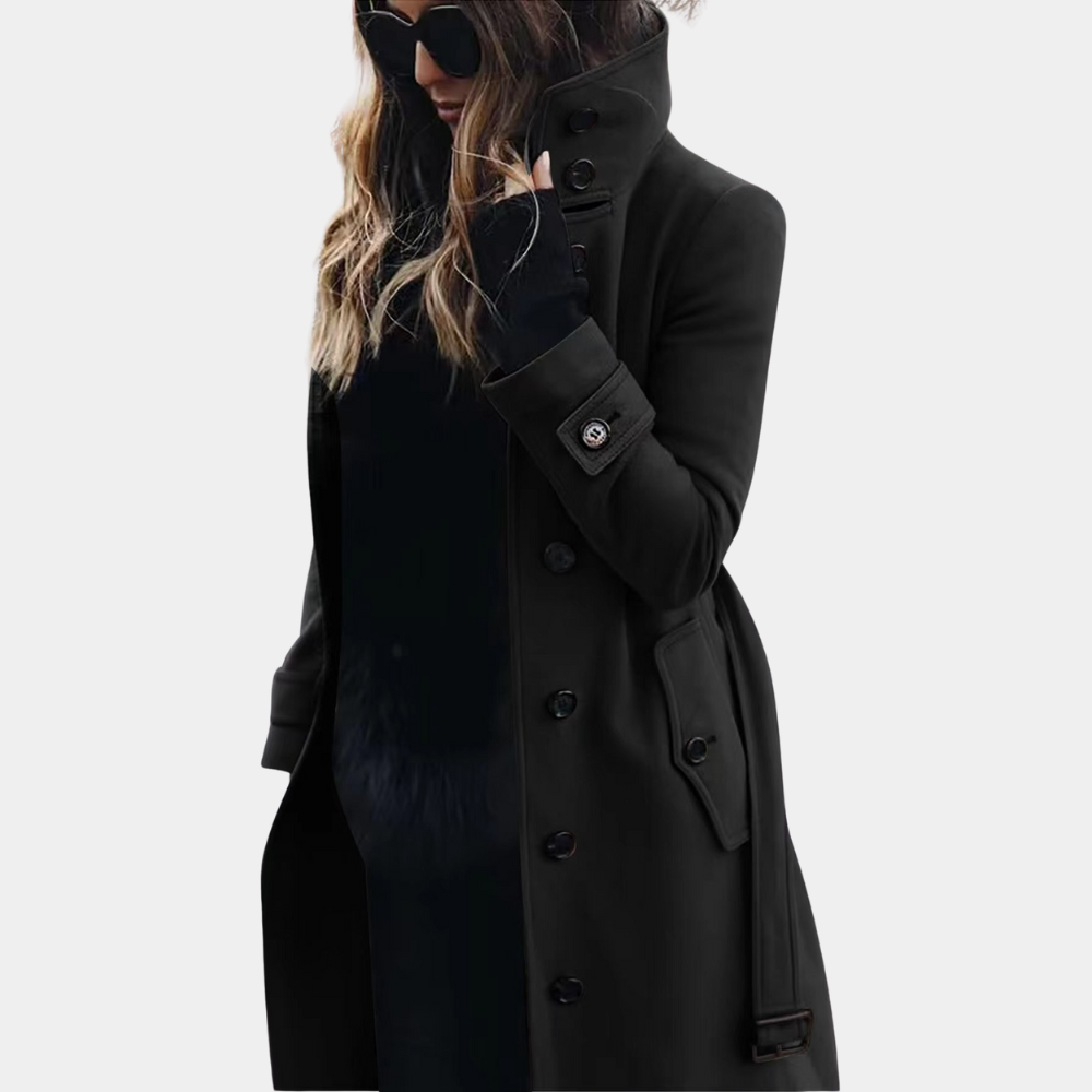 Elegante trenchcoat voor dames met hoge kraag, knoopsluiting en tijdloos design, perfect voor herfst- en wintermode.