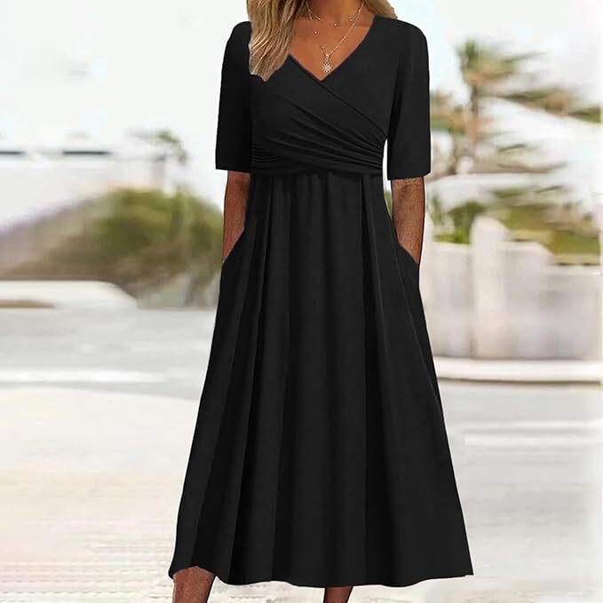 "Elegante vintage V-hals jurk, korte mouwen, damesmode in veelzijdige kleuren, flatterend en comfortabel materiaal."