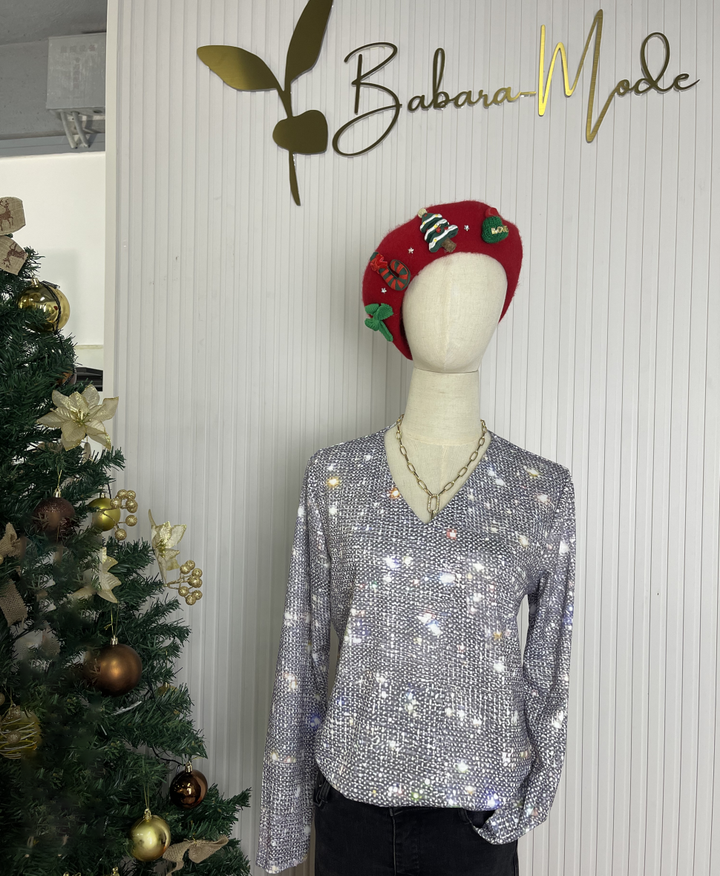Elegante zilveren glittertop voor dames met V-hals en lange mouwen, uitstekende keuze voor feesten en avondjes uit.