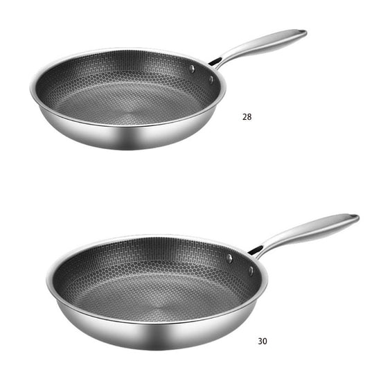 "Elegante zilverkleurige RVS koekenpan, 28 cm met anti-aanbaklaag, hittebestendige handgreep, gelijkmatige warmteverdeling."