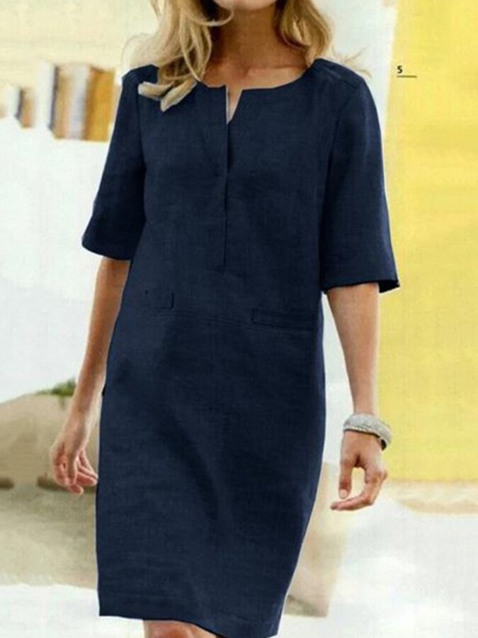 Elegante zomerjurk met V-hals, katoenmix, korte mouwen, tijdloos ontwerp, perfect voor zomerse gelegenheden.