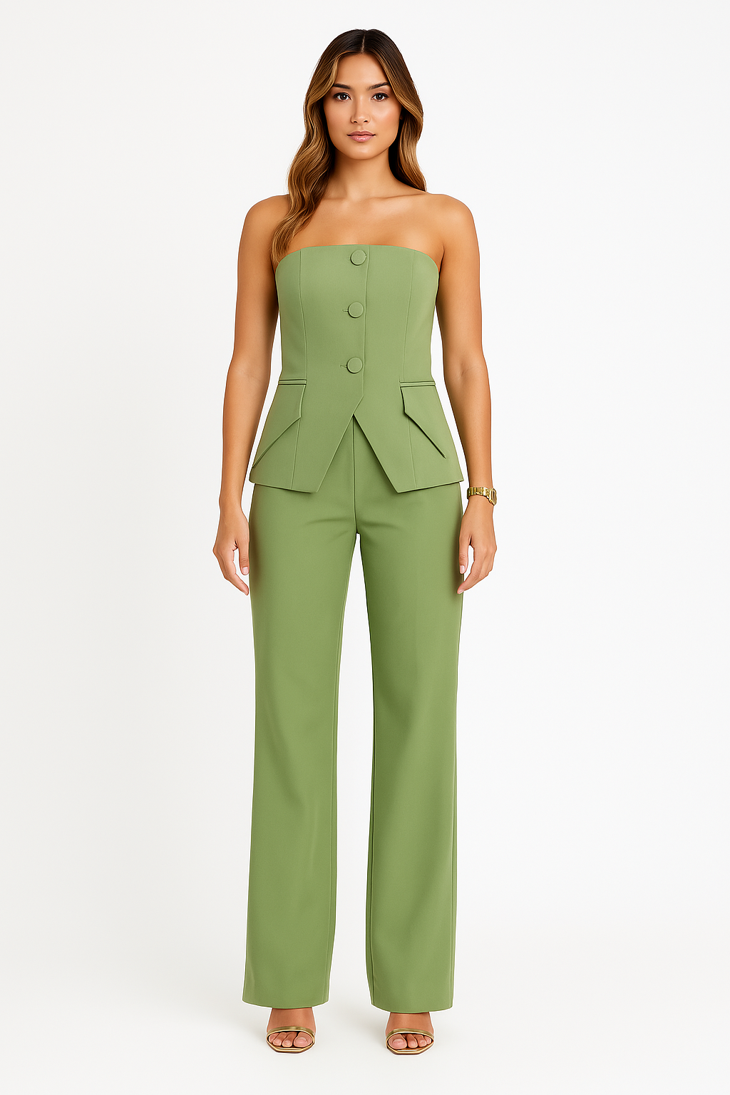 "Elegante zomerset met off-shoulder top en broek van ademende stof, perfect voor stijlvolle zomerse dagen en avonden."