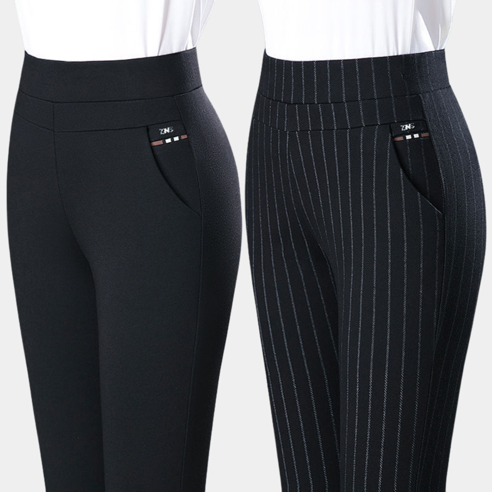 Elegante zwarte damesbroek met stretch, hoge taille en flatterende pasvorm, ideaal voor zowel formele als informele gelegenhe