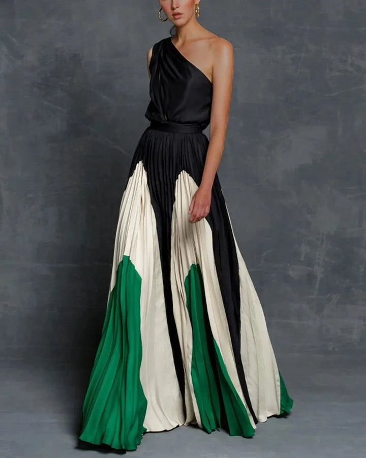 "Elegante zwarte maxi-jurk met één schouder; soepel vallend voor speciale gelegenheden. Perfecte damesjurk voor een verfijnde