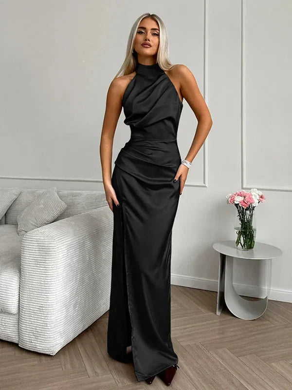 "Elegante zwarte satijnen avondjurk voor dames, stijlvol ontwerp ideaal voor gala's en bruiloften, ademend en comfortabel."