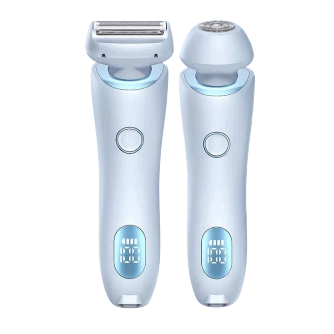 "Elektrisch 2-in-1 dames scheerapparaat met precisietrimmer, slank ontwerp, geschikt voor benen, oksels, gezichtshaar."