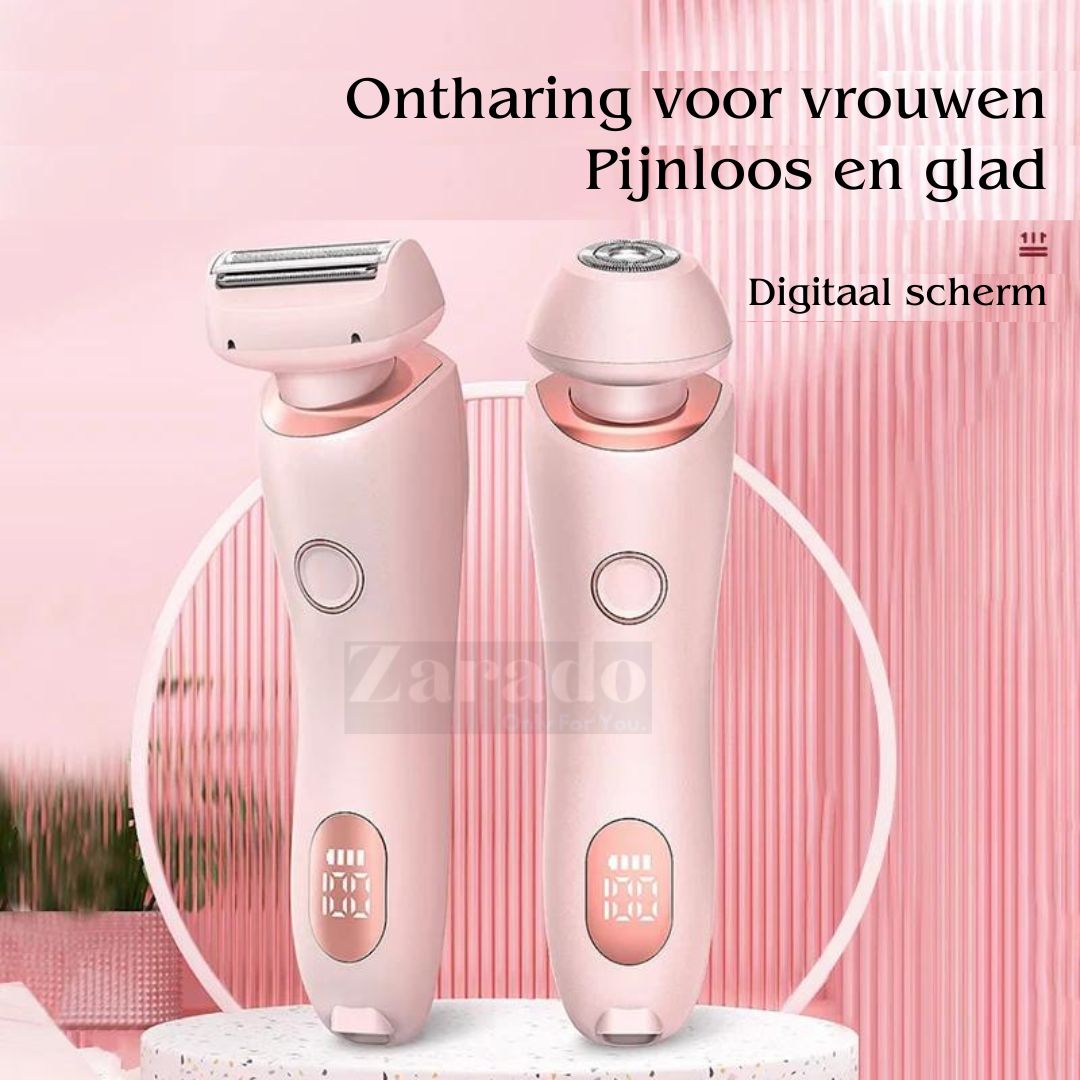 "Elektrisch 2-in-1 dames scheerapparaat met precisietrimmer, slank ontwerp, geschikt voor benen, oksels, gezichtshaar."