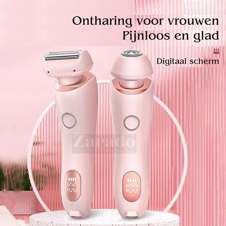 "Elektrisch 2-in-1 dames scheerapparaat met precisietrimmer, slank ontwerp, geschikt voor benen, oksels, gezichtshaar."