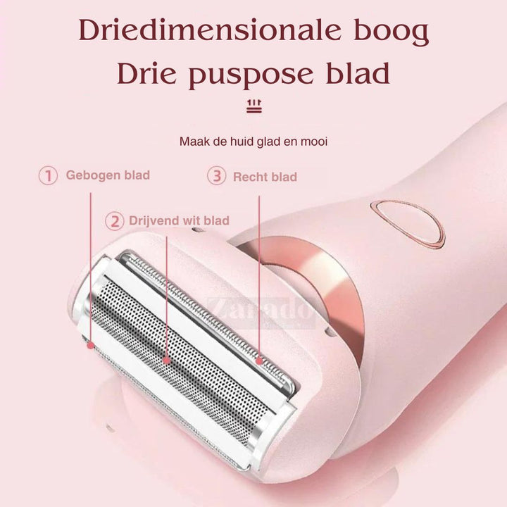 "Elektrisch 2-in-1 dames scheerapparaat met precisietrimmer, slank ontwerp, geschikt voor benen, oksels, gezichtshaar."