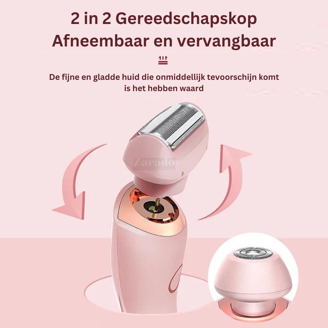 "Elektrisch 2-in-1 dames scheerapparaat met precisietrimmer, slank ontwerp, geschikt voor benen, oksels, gezichtshaar."