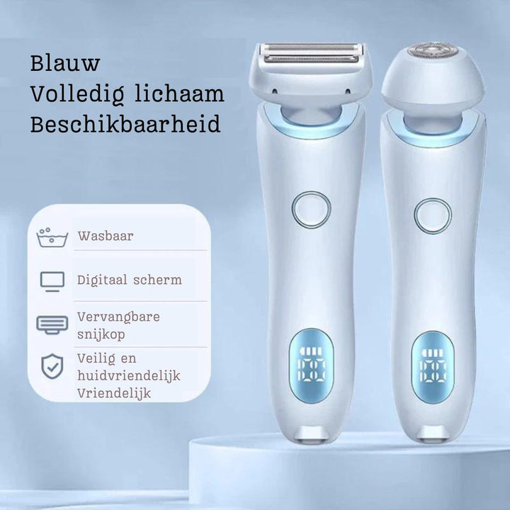 "Elektrisch 2-in-1 dames scheerapparaat met precisietrimmer, slank ontwerp, geschikt voor benen, oksels, gezichtshaar."