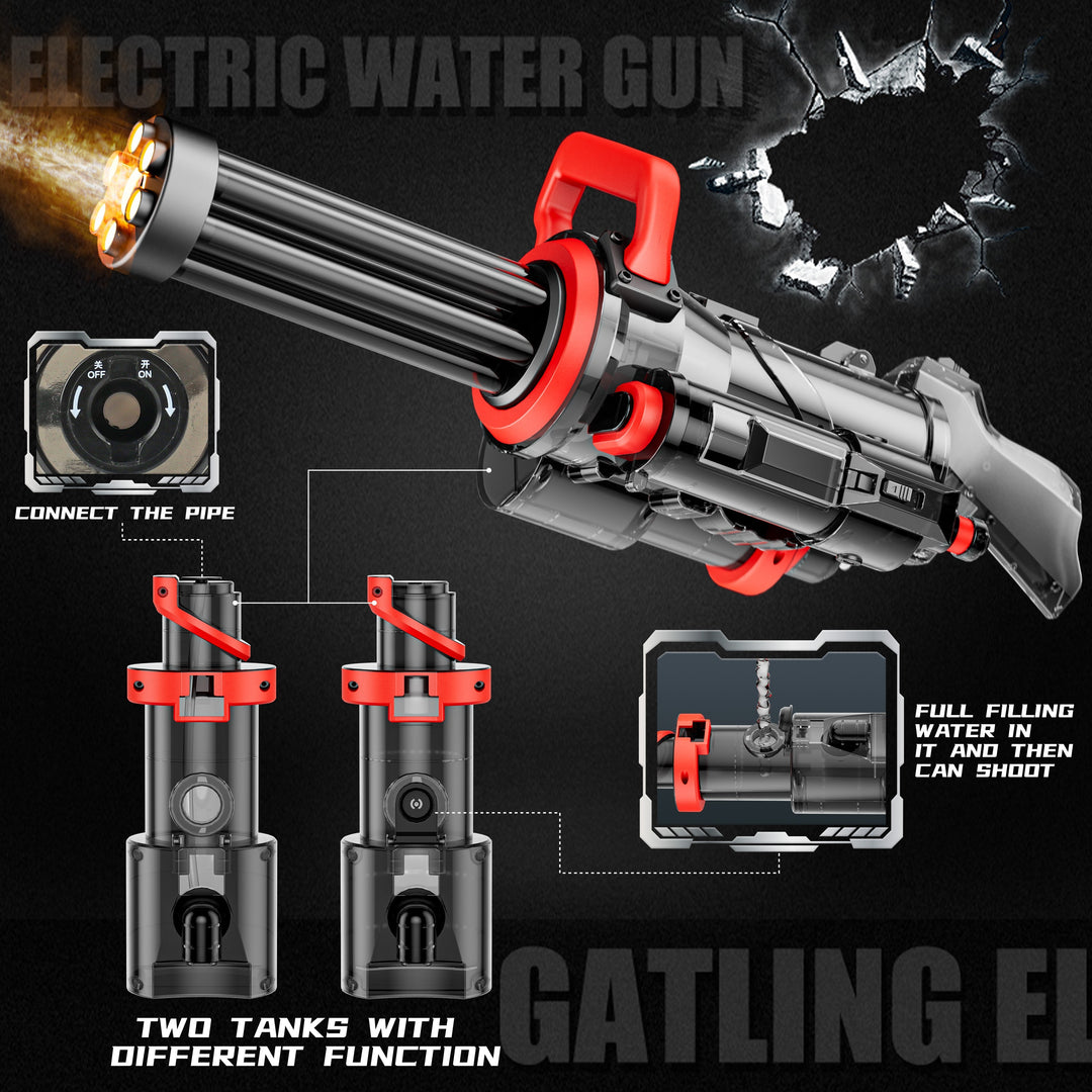 Elektrisch Gatling waterpistool voor kinderen en volwassenen, kleurrijk en robuust, ideaal voor spannende watergevechten.
