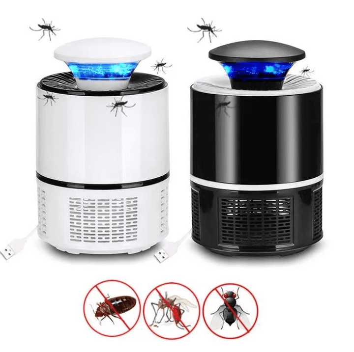 "Elektrische muggendoder lamp, krachtig design, USB oplaadbaar, stil, elegant zwart, geschikt voor binnen en buiten."