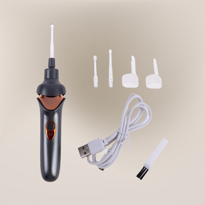 "Elektrische oorreiniger, USB-oplaadbaar, met zachte siliconen opzetstukken voor pijnloze oorhygiëne, compact en draadloos."