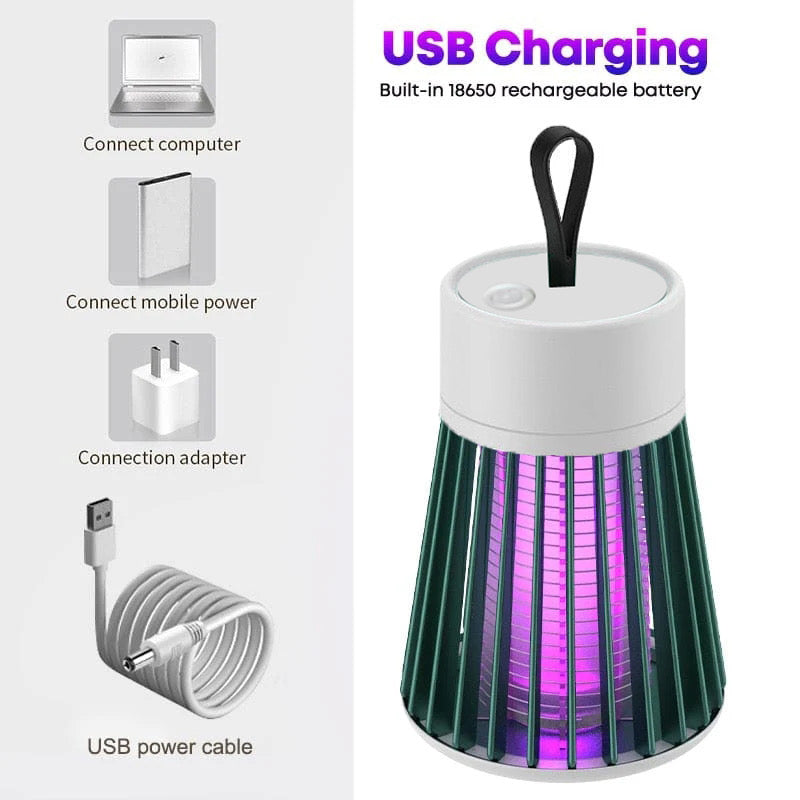 Elektrische UV-muggenverdelger, moderne witte lamp, geschikt voor binnen en buiten, trekt insecten aan met UV-licht.