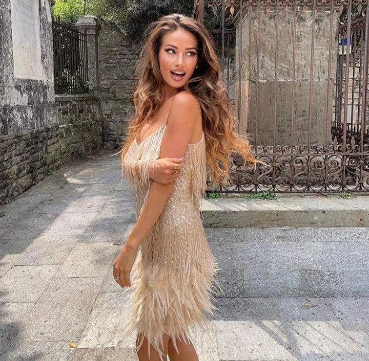"Élora mini-jurk met luxe veren, elegant design, flatterende pasvorm voor feestjes en gala's, past perfect bij elke gelegenhe