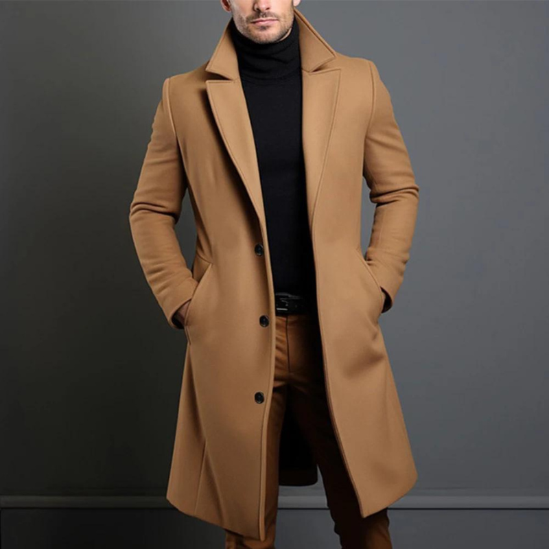 "Elyas Wollen Jas voor Heren in khaki, premium wol, getailleerd en veelzijdig voor elegante, tijdloze stijl."