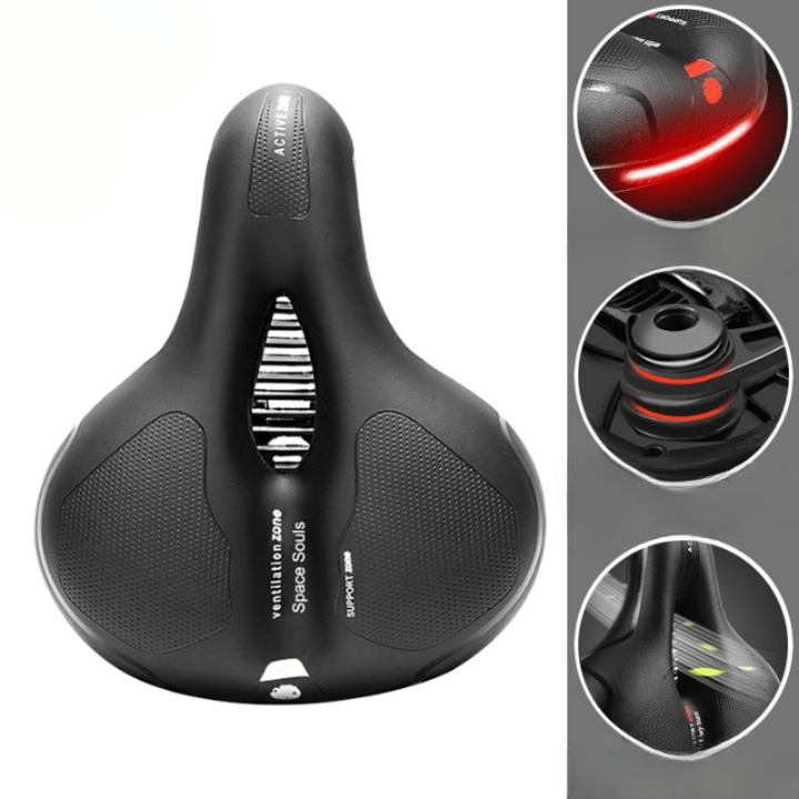 "Ergonomisch SoftRide fietszadel voor comfort, zwart kunstleer, verlicht rug- en zitbeenklachten, geschikt voor lange ritten.