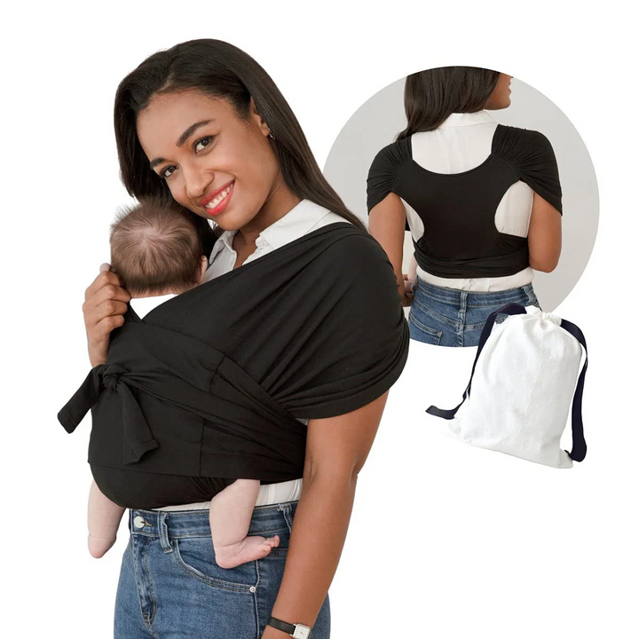 Ergonomische SnuggleWrap draagdoek, comfortabel baby dragen, verstelbare schouderbanden, grijs, ademend materiaal.