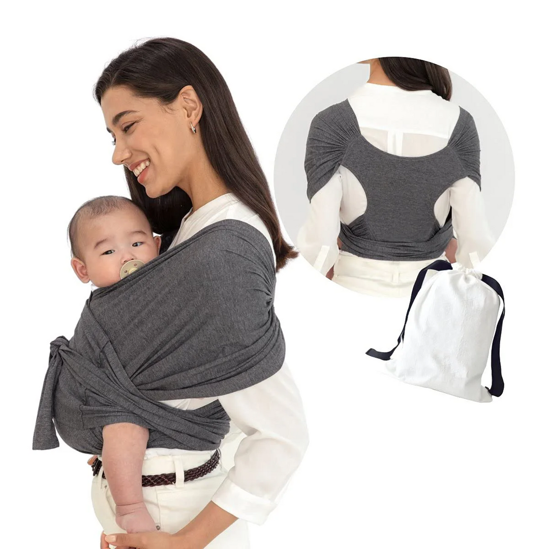 Ergonomische SnuggleWrap draagdoek, comfortabel baby dragen, verstelbare schouderbanden, grijs, ademend materiaal.