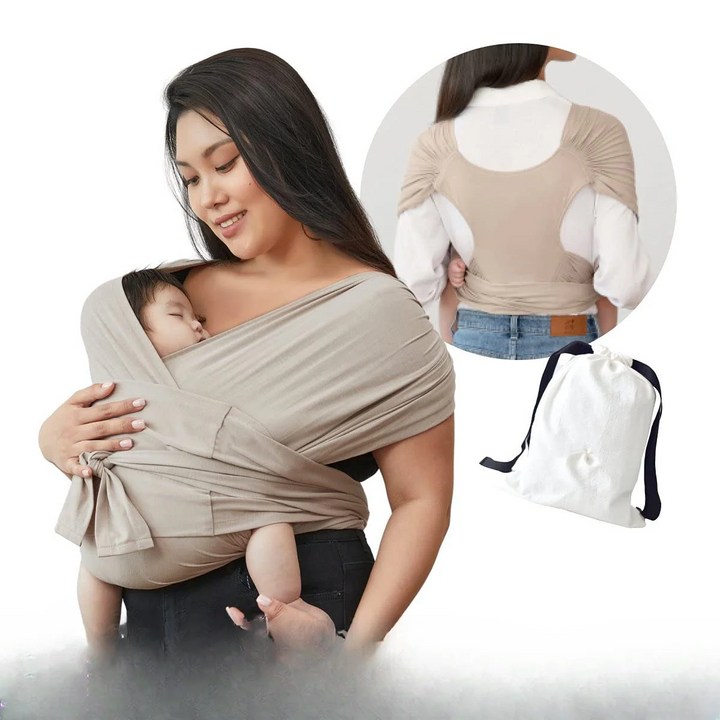 Ergonomische SnuggleWrap draagdoek, comfortabel baby dragen, verstelbare schouderbanden, grijs, ademend materiaal.