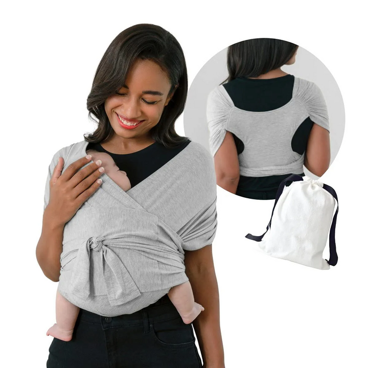 Ergonomische SnuggleWrap draagdoek, comfortabel baby dragen, verstelbare schouderbanden, grijs, ademend materiaal.