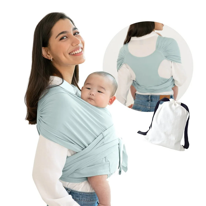 Ergonomische SnuggleWrap draagdoek, comfortabel baby dragen, verstelbare schouderbanden, grijs, ademend materiaal.