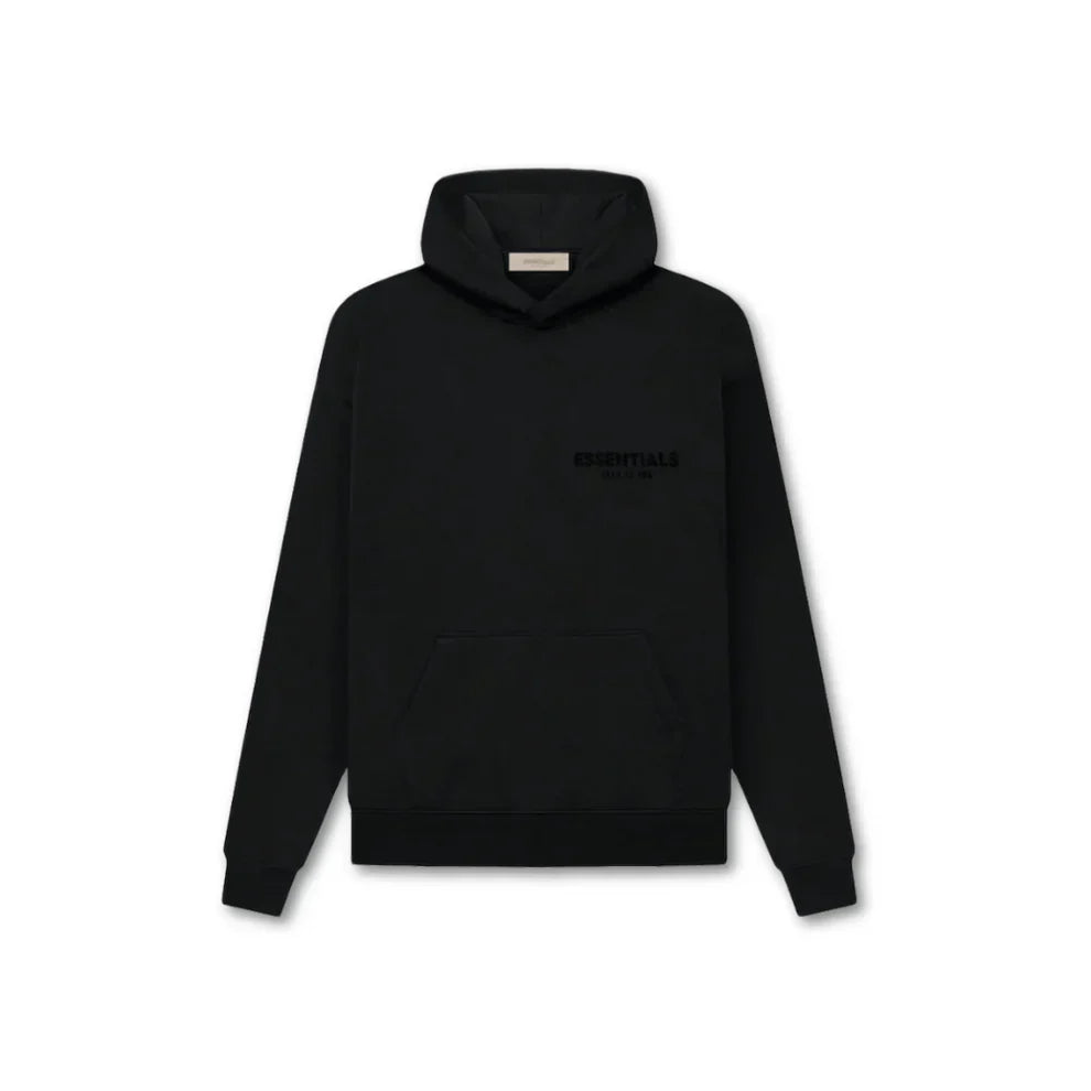"Essentials oversized unisex hoodie in beige, grijs of zwart met ruime capuchon, buidelzak en minimalistisch ontwerp."