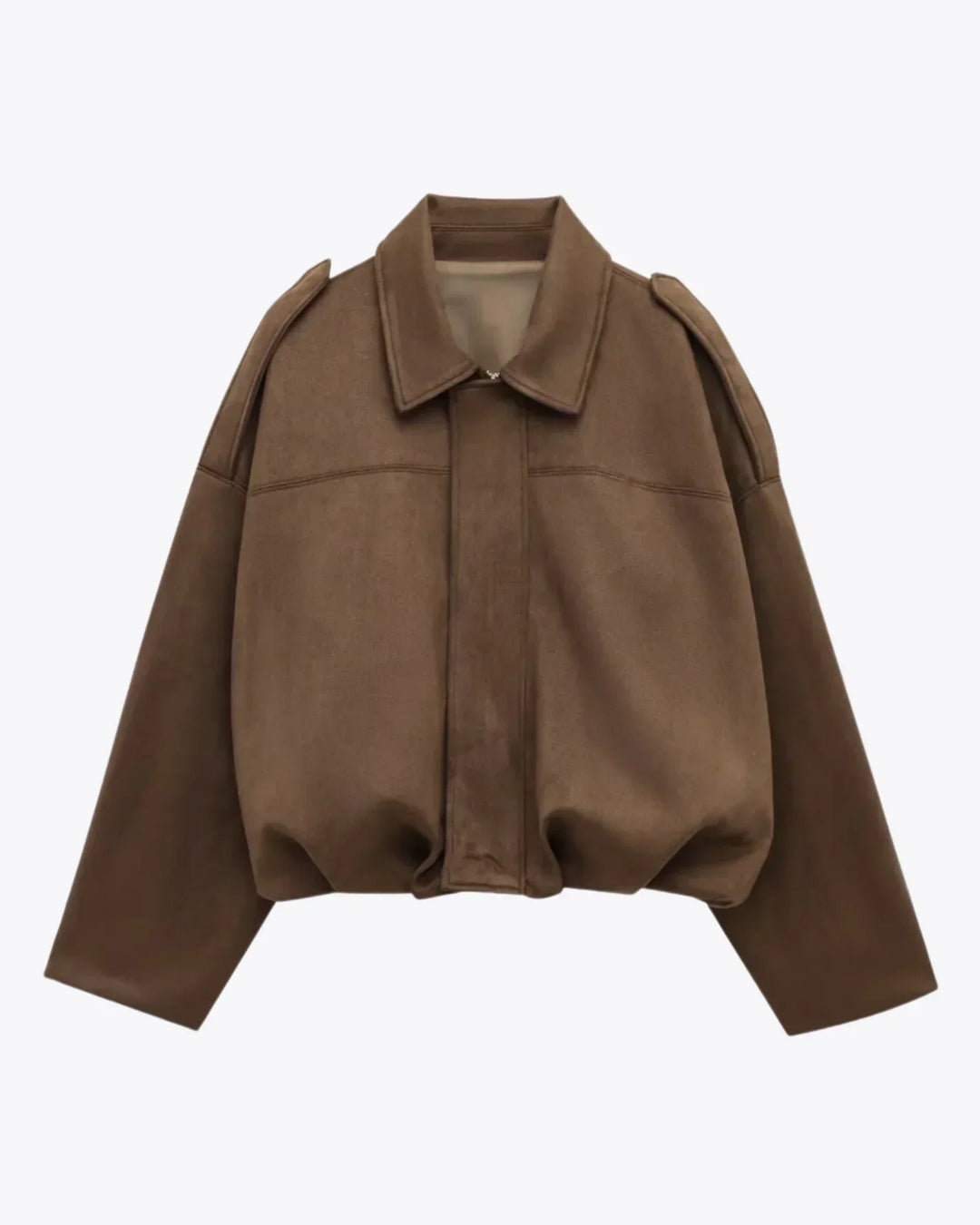 "Fabiane oversized suède damesjas in zacht wildleder, luxe neutrale tinten, comfortabele pasvorm voor stijlvolle herfstlooks"