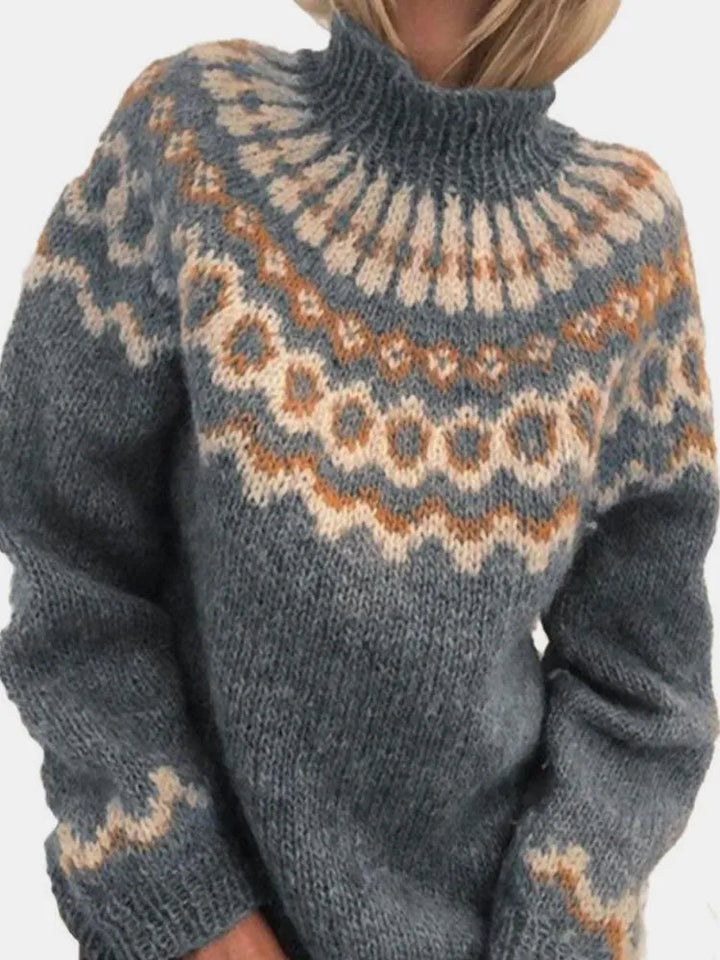 "Fiona Turtleneck Trui voor dames, gebreide coltrui met stijlvolle jacquardprint, perfect voor koude dagen"
