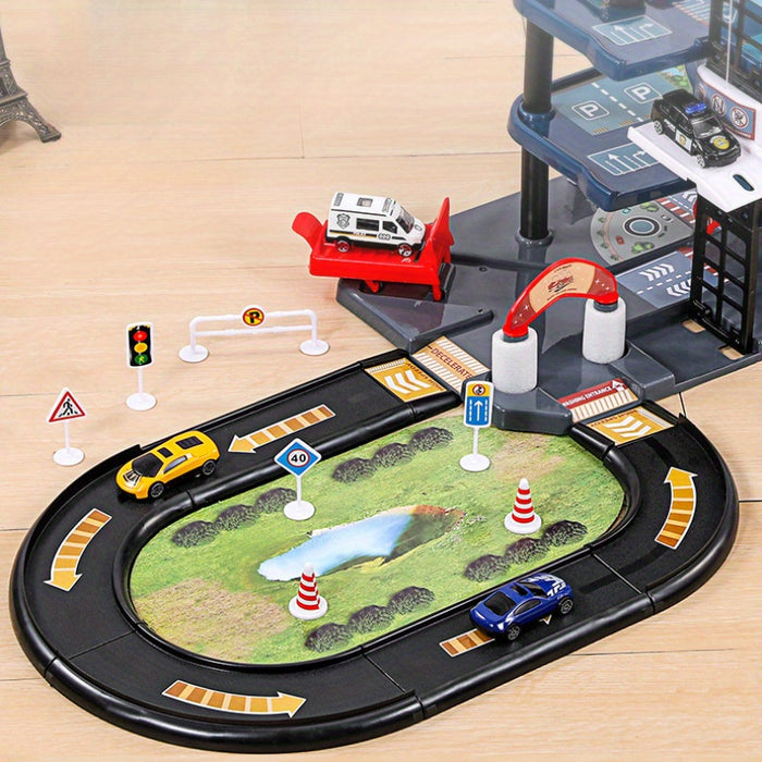 "FirePark Garage Speelset met brandweerwagen, meerdere verdiepingen en accessoires voor kinderplezier en avontuur."