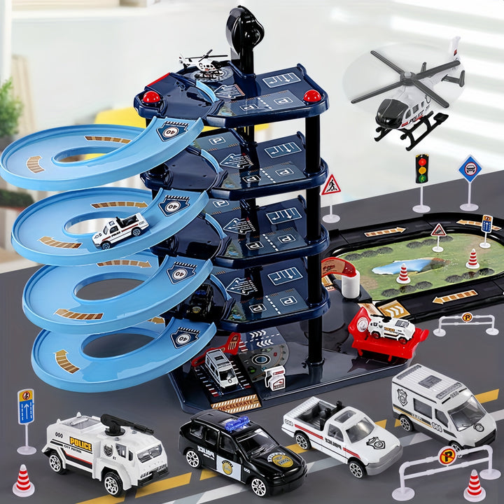 "FirePark Garage Speelset met brandweerwagen, meerdere verdiepingen en accessoires voor kinderplezier en avontuur."
