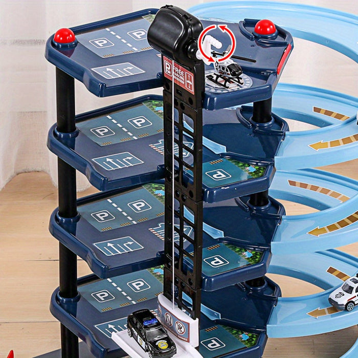 "FirePark Garage Speelset met brandweerwagen, meerdere verdiepingen en accessoires voor kinderplezier en avontuur."
