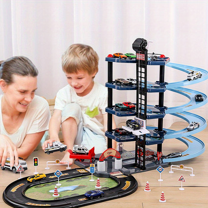 "FirePark Garage Speelset met brandweerwagen, meerdere verdiepingen en accessoires voor kinderplezier en avontuur."