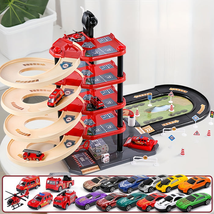 "FirePark Garage Speelset met brandweerwagen, meerdere verdiepingen en accessoires voor kinderplezier en avontuur."