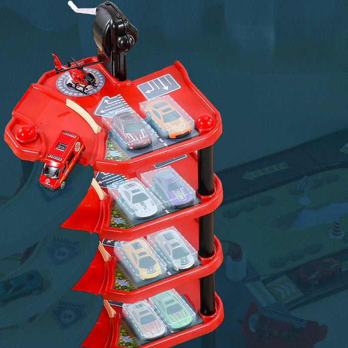 "FirePark Garage Speelset met brandweerwagen, meerdere verdiepingen en accessoires voor kinderplezier en avontuur."