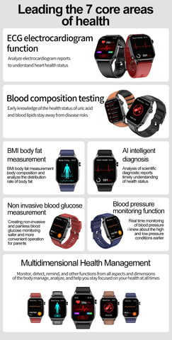 "Geavanceerde smartwatch met EKG, bloedsuiker- en bloeddrukmonitoring, gestroomlijnd ontwerp, helder display, geschikt voor i