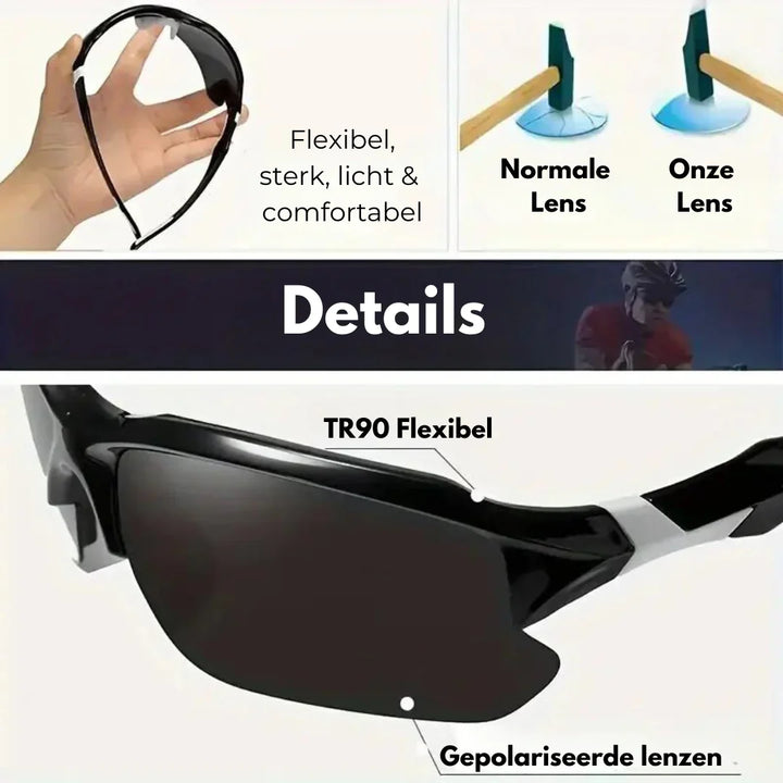 "Gepolariseerde sportzonnebril voor dames, flexibel design, UV400 bescherming, verminderde schittering, outdoor geschikt."