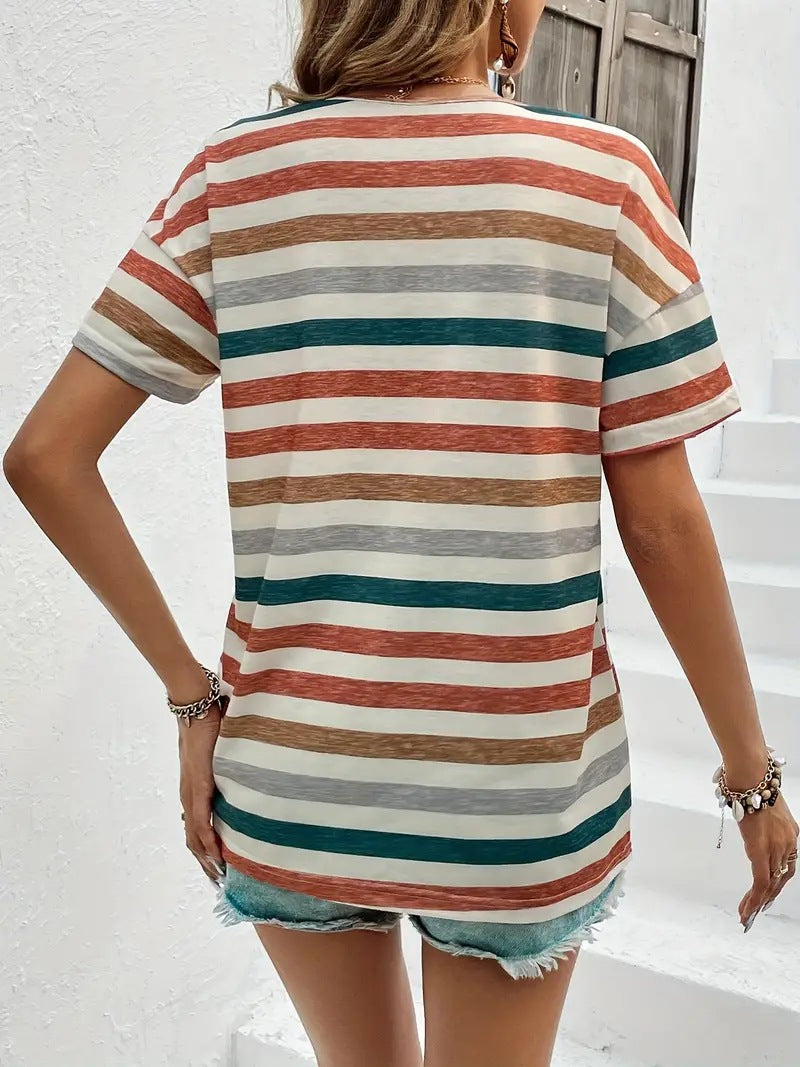 "Gestreept T-shirt korte mouwen met levendige kleuren, casual chic en comfortabel, perfect voor de lente en zomer."