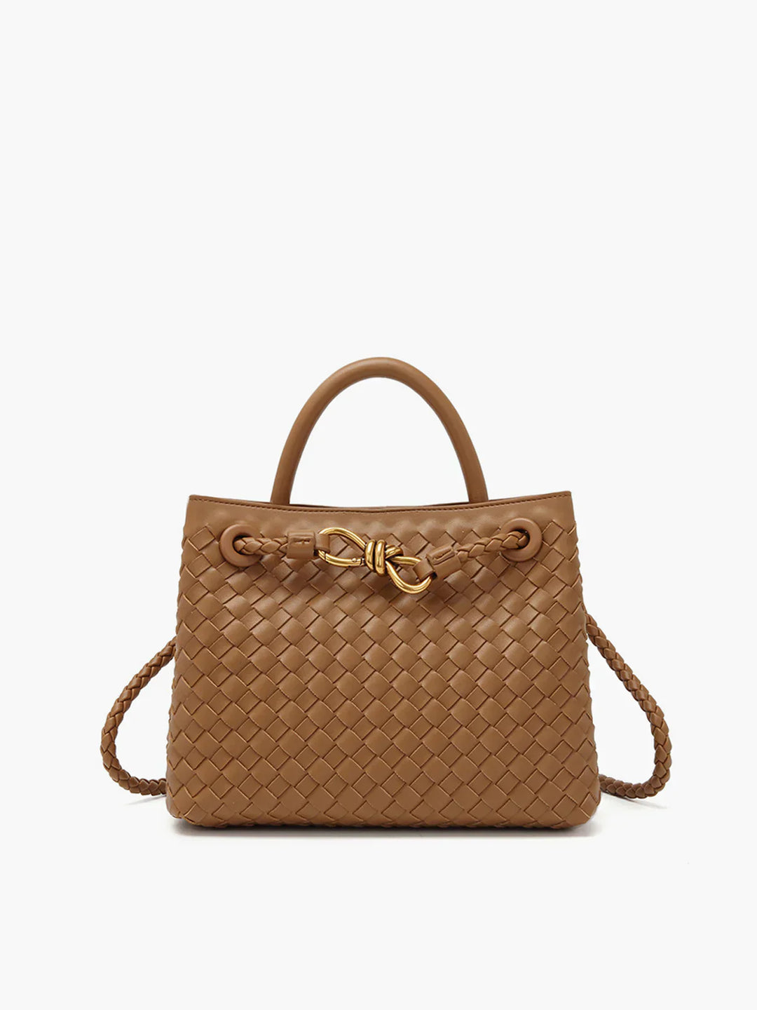"Gevlochten leren dameshandtas met gouden details, luxe en functioneel design, perfect voor elke gelegenheid."