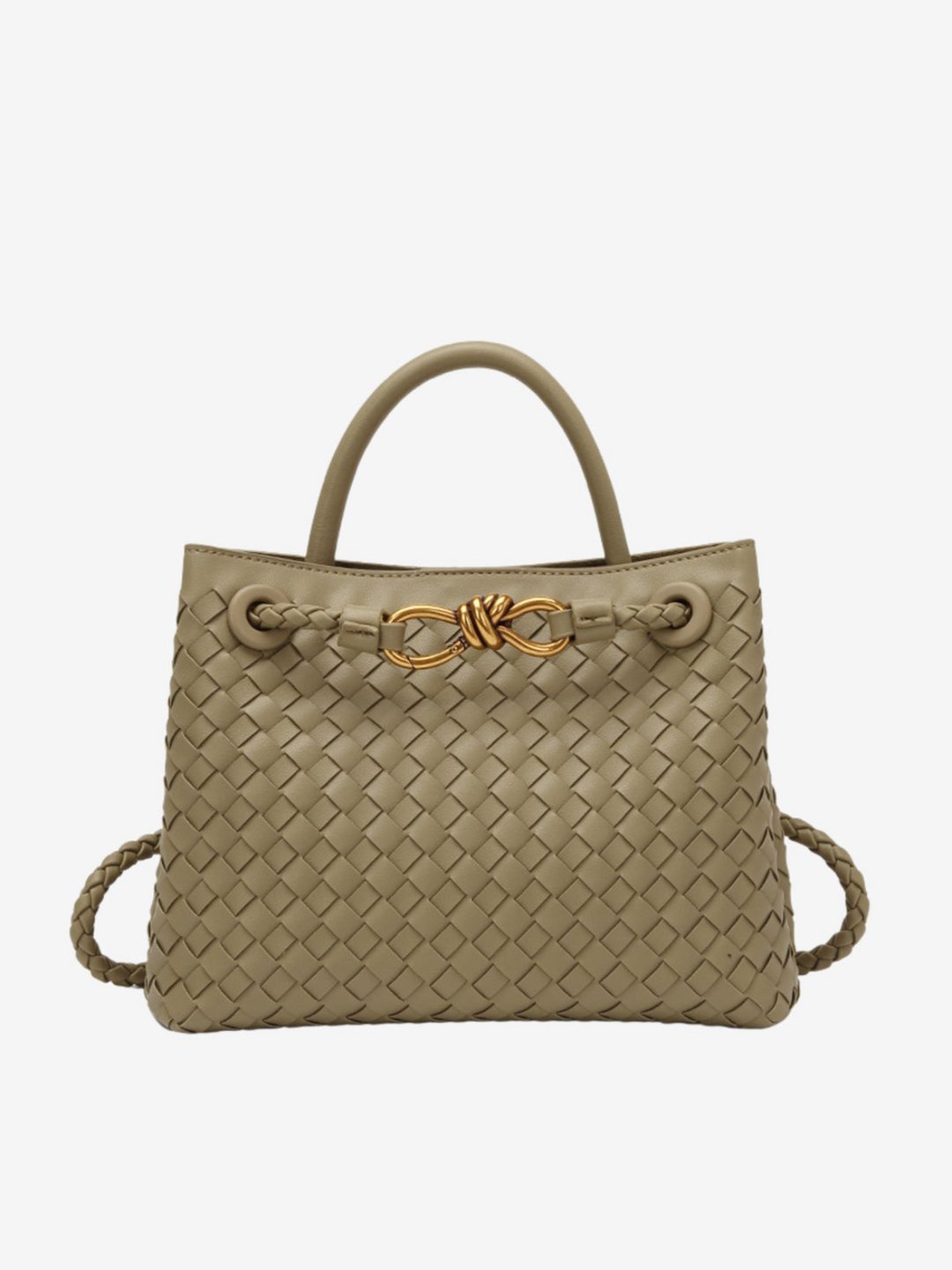 "Gevlochten leren dameshandtas met gouden details, luxe en functioneel design, perfect voor elke gelegenheid."