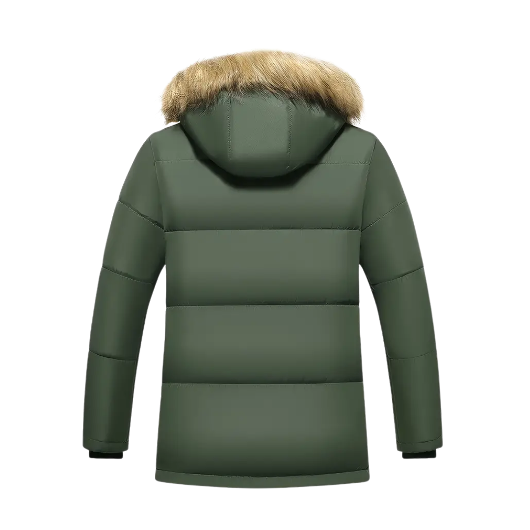 "Gevoerde heren winterparka, wind- en waterdicht met capuchon en zakken, ideaal voor koude stads- en buitenactiviteiten."
